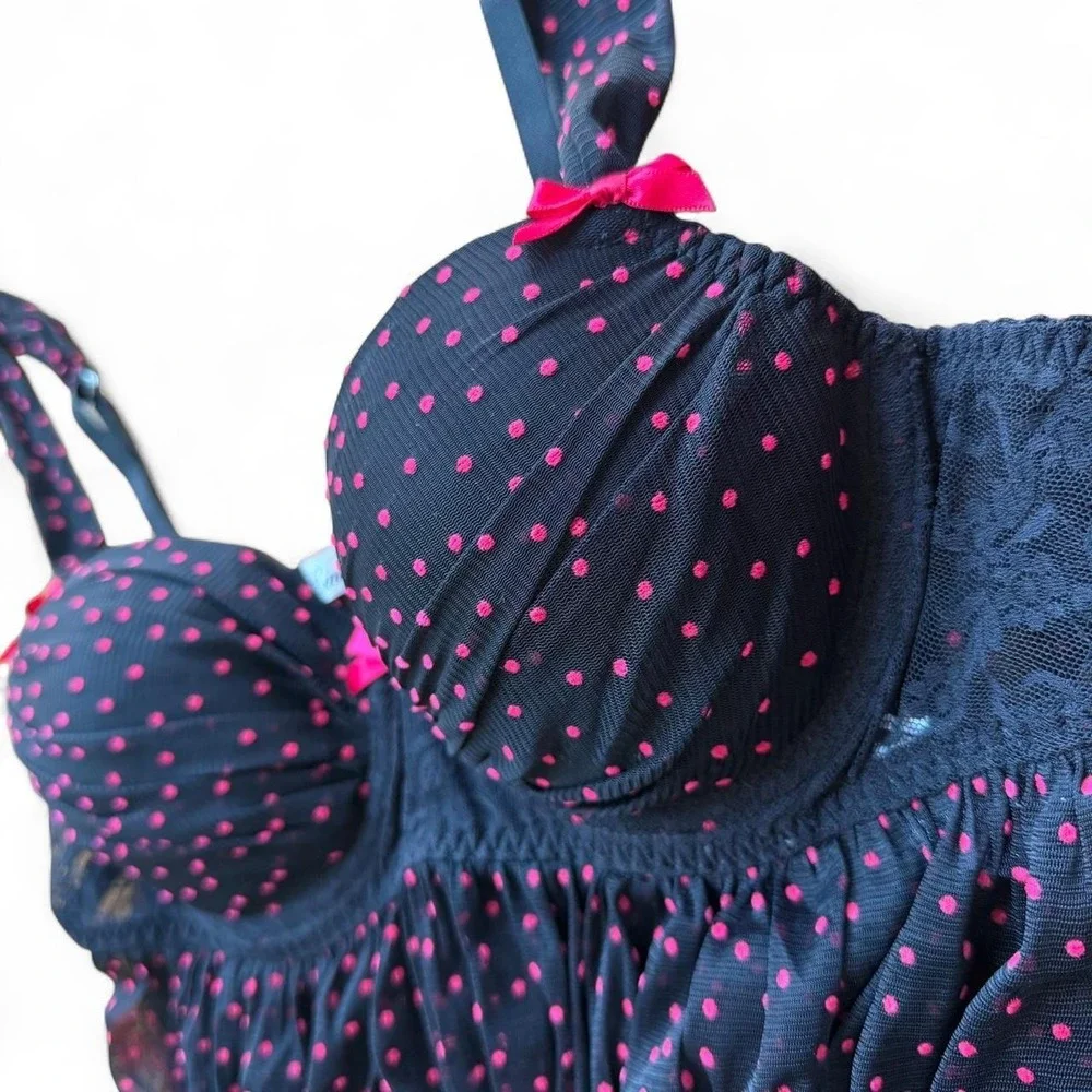 Y2K Linea Donatella Black & pink polka dot babydoll w/ underwire & bow Size M‎